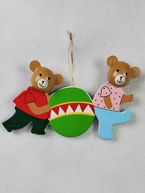 Wooden Teddy Vintage Trio Hanging Wooden Christmas Ornament Brown, Green, Red